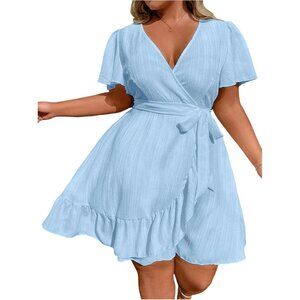 Plus Size Women's Ruffle V Neck Short Dress Casual Summer Beach Festival